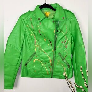 Daisy Green Leather Jacket with Artistic Splatter